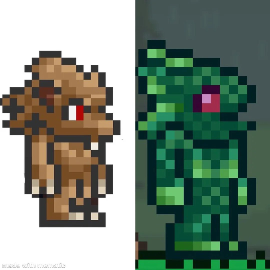 DdUSNA21's tweet photo. @AIandDesign ...Even though the game needs an update, not just new mobs, but improved graphics as well. This image was generated by ChatGPT; compare it to the original. I'd pay for Re-Logic to update its game. But they don't want https://t.co/feZsRop59X