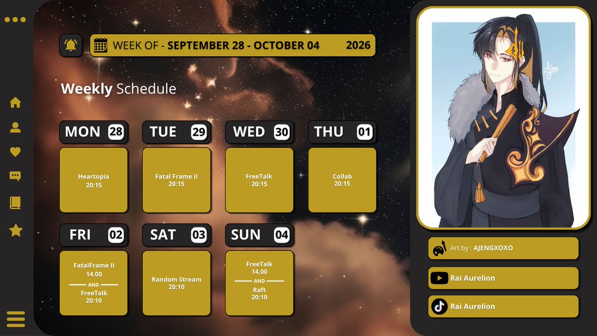 rai_aurelion's tweet photo. ˚ ☾. ⋅ 𝙒𝙚𝙚𝙠𝙡𝙮 𝙎𝙩𝙧𝙚𝙖𝙢 𝙎𝙘𝙝𝙚𝙙𝙪𝙡𝙚 ‧₊˚ ☾. ⋅

:: 28 September - 04 Oktober 2026 ::

⊹ ࣪ ˖ 𝐇𝐚𝐬𝐡𝐭𝐚𝐠𝐬 ˚. ᵎᵎ
✧General: #Raisama
✧Fanart: #AurelitesArt
✧Clip: #RaiMoments
✧Meme: #Raimeme
✧Live: #RaiKerja https://t.co/24u07fMewU