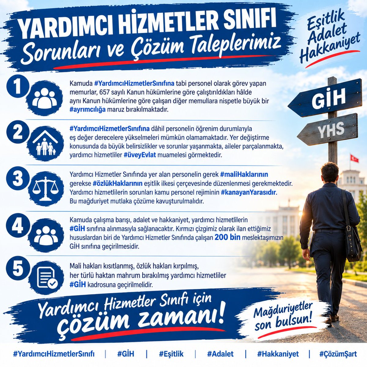 ERSNATLI5834's tweet photo. Kamuda #YardımcıHizmetlerSınıfına tabi olarak görev yapan memurlar, 657 sayılı Devlet Memurları Kanunu hükümlerine göre istihdam edilmelerine rağmen, aynı Kanun kapsamında görev yapan diğer memurlara kıyasla açık ve kabul edilemez bir #ayrımcılığa maruz bırakılmaktadır.
🔹 #YardımcıHizmetlerSınıfına dâhil personelin, öğrenim durumlarına karşılık gelen derecelere yükselmelerinin önündeki engeller kaldırılmalıdır. Yer değiştirme süreçlerinde yaşanan belirsizlikler ve mağduriyetler giderilmeli; ailelerin parçalanmasına yol açan uygulamalara son verilmelidir. Yardımcı hizmetler sınıfı personeline yönelik #üveyEvlat anlayışı terk edilmelidir.
🔹 Yardımcı Hizmetler Sınıfında görev yapan personelin gerek #maliHakları gerekse #özlükHakları, eşitlik ve hakkaniyet ilkeleri doğrultusunda yeniden düzenlenmelidir. Yardımcı hizmetlilerin yaşadığı sorunlar, kamu personel rejiminin #kanayanYarası niteliğindedir. Bu köklü mağduriyetin daha fazla ertelenmeden kalıcı ve adil biçimde çözüme kavuşturulması zorunludur.
🔹 Kamuda çalışma barışının, adaletin ve hakkaniyetin tesis edilmesi; Yardımcı Hizmetler Sınıfında görev yapan personelin Genel İdare Hizmetleri (GİH) sınıfına geçirilmesiyle mümkün olacaktır. Kırmızı çizgimiz olarak ilan ettiğimiz temel taleplerden biri, Yardımcı Hizmetler Sınıfında görev yapan #200bin meslektaşımızın GİH sınıfına geçirilmesidir.
🔹 Mali hakları sınırlandırılan, özlük hakları daraltılan ve temel kamu personeli haklarından yeterince yararlandırılmayan yardımcı hizmetliler, gecikmeksizin #GİH kadrosuna geçirilmelidir
#YardımcıHizmetlerSınıfı 
#200bin #1milyonaile #kpss #memur 
@tcbestepe @RTErdogan @dbdevletbahceli @eczozgurozel @MDervisogluTR @PrfDrFilizKilic 
@MKalayci42 @ulasskarasu @gamzetascier @gamzeilgezdi @hasanozturkmen @melih_meric @cenginyurt52 @SalihUzunDr @selcukktepeli @selcukozdag @ComezTurhan @SBugraKavuncu @ayyuceturkestas @aefakibaba @55erhanusta @erbakanfatih @SelcukGeyveli @DoganBekin @mehemmed19 @suatkilic @melihguuner @suatkilic @avademyildirim @avbulentkaya @avidrissahin @elifesendeva @alibabacan @avabdullahguler @avdenizyucel @ZeynelEmre 
#YardımcıHizmetlerSınıfı
