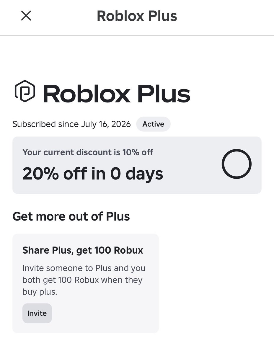 DivINeCATTL's tweet photo. Has anyone encountered this kind of bug of roblox plus?😭😭😭wdym 20% off in 0 days???#robloxㅤ https://t.co/rRbhVsaW3N