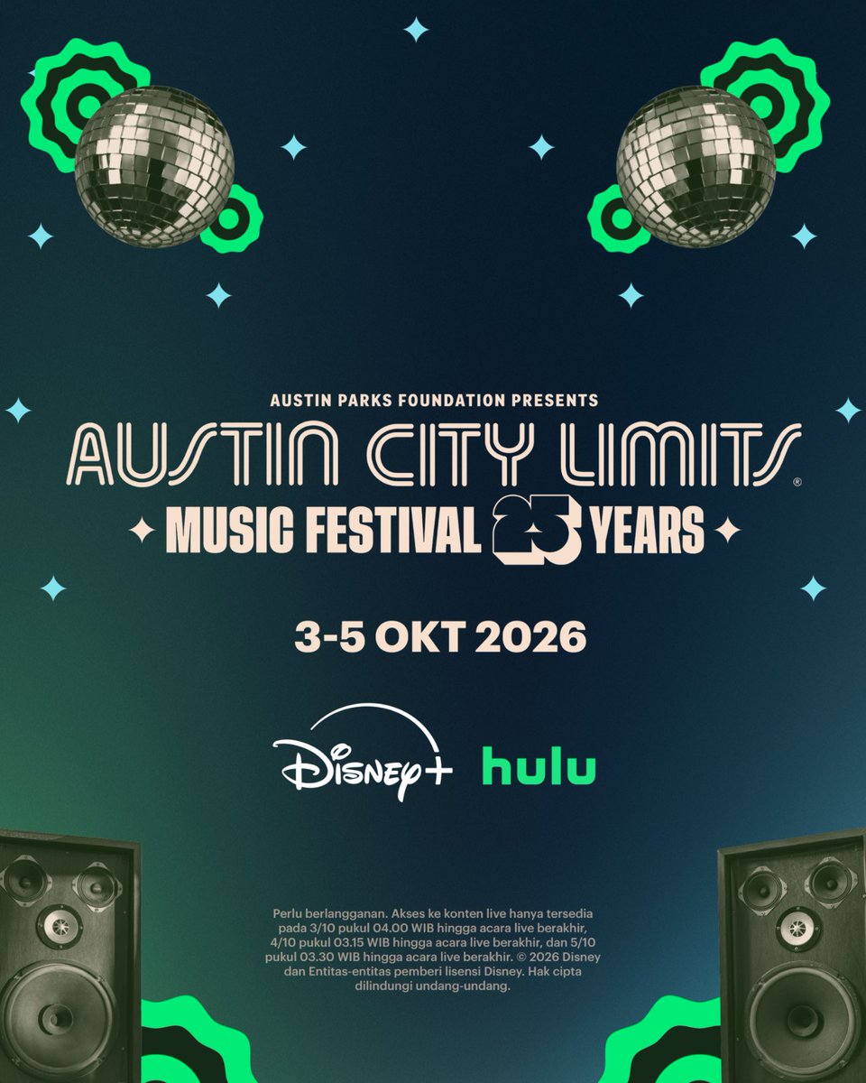 DisneyPlusID's tweet photo. Nggak perlu pergi jauh-jauh! 🎸 Austin City Limits Music Festival 2026 bisa kamu streaming LIVE 3-5 Oktober di app baru #DisneyPlusID, tanpa siaran ulang. https://t.co/IemRDcz22C