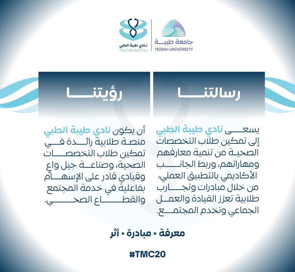 TMCmadinah's tweet photo. رؤية نادي طيبة الطبي ورسالته في نسخته العشرين، نحو تمكين طلاب التخصصات الصحية وصناعة أثر مجتمعي مستدام
#TMC20 https://t.co/WqpAwqGiDG