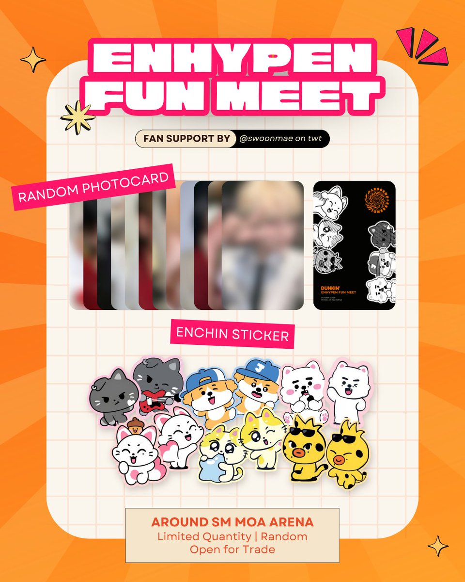 swoonmae's tweet photo. ENHYPEN FUNMEET
FANMADE PC + Enchin Sticker
Fan support by @swoonmae 

- 1:1 ratio
- random 
- for trades, will let you choose a member

100 pcs only

See ya engene!
#DunkinPH_ENDLESS #ENDLESSFunMeet #ENHYPEN https://t.co/ETW3FDh52p