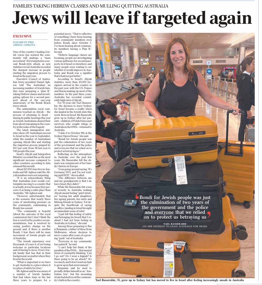 MenachemV's tweet photo. JEWS ARE LEAVING AUSTRALIA AFTER LOSING FAITH IN GOVERNMENT AND POLICE

Australian Jews are moving to Israel in record numbers

One woman who left after the Bondi massacre said:

“Bondi … was just the culmination of two years of the government and the police … betraying us.”

That should trouble every Australian

When Australians conclude they are safer leaving their own country, government & police have a profound crisis of trust to answer for

via @australian