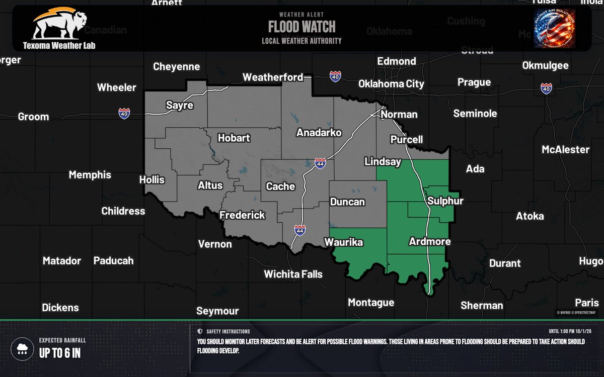TexomaWXLab's tweet photo. Flood Watch for Garvin, Murray, Jefferson, Carter, Love until 1:00 PM 10/1/26. Excessive rainfall may cause flooding in low-lying/poor-drainage areas. 2-4" rain possible, locally 6". Avoid flooded roads. https://t.co/j6pe9oJTAS