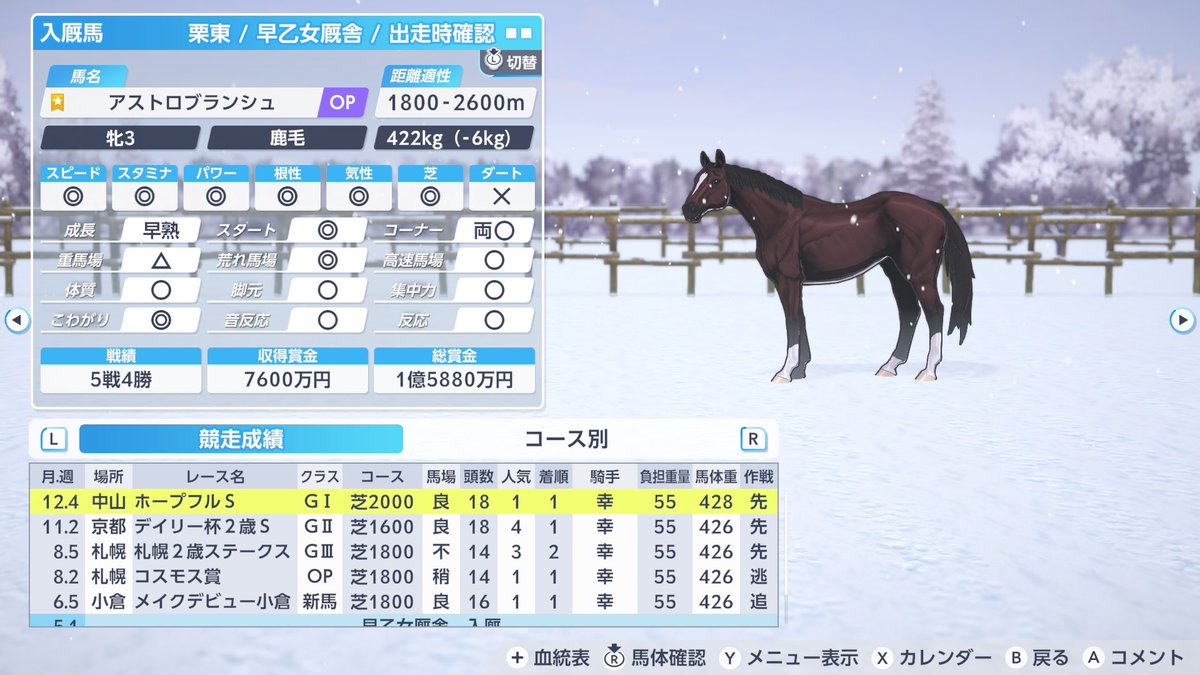 amrita_tw's tweet photo. ◉は無いけど楽しみな一頭

種牡馬がリアルシャダイなので、
桜花賞はスピードが足りるかどうか

オークスは獲りたいタイトルだけど、
馬場が渋るのが不安材料

＃ダビスタ2 https://t.co/k6lL9fVY0a