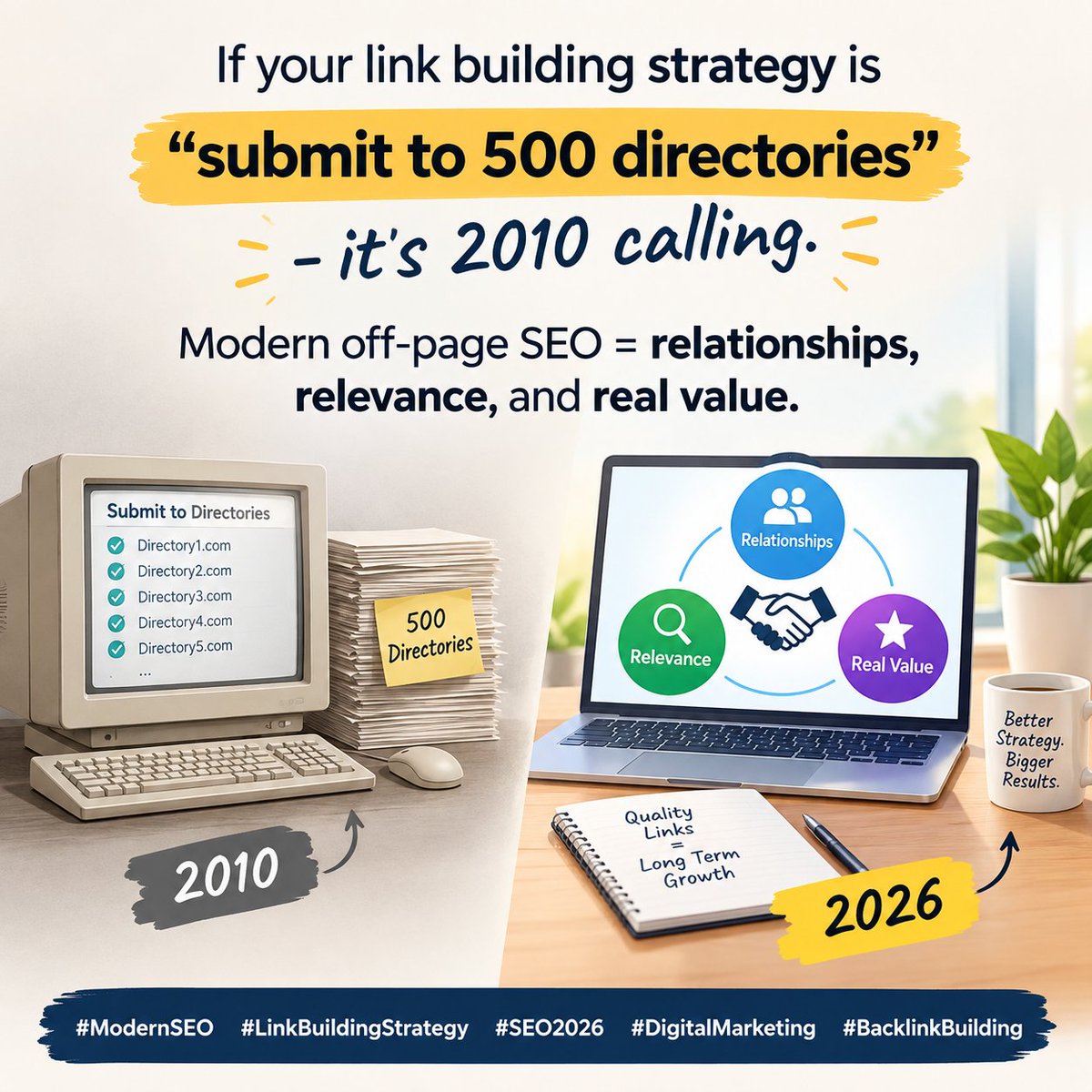pratibha9293's tweet photo. If your link building strategy is "submit to 500 directories" — it's 2010 calling.
Modern off-page SEO = relationships, relevance, and real value.
#ModernSEO #LinkBuildingStrategy #SEO2026 #DigitalMarketing #BacklinkBuilding https://t.co/xQVOKHddCh