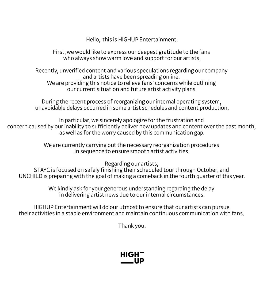 STAYC_POPBASE's tweet photo. HighUp has officially addressed the rumors surrounding stayc and unchild: there will be no disbandment.

Please, stop spreading these rumors and making unnecessary speculation. 🙏 https://t.co/466mSsMNHe