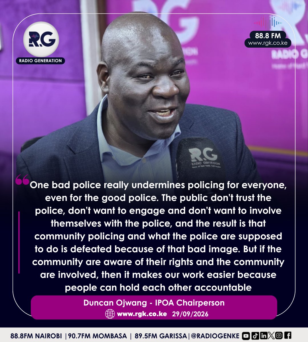 RadioGenKe's tweet photo. IPOA Chairperson Duncan Ojwang says misconduct by individual police officers can damage public confidence in the entire service, making it harder for officers to work with communities and highlighting the need for stronger accountability and public awareness.
#HomeOfHardTruths https://t.co/HJNdLjhb3G