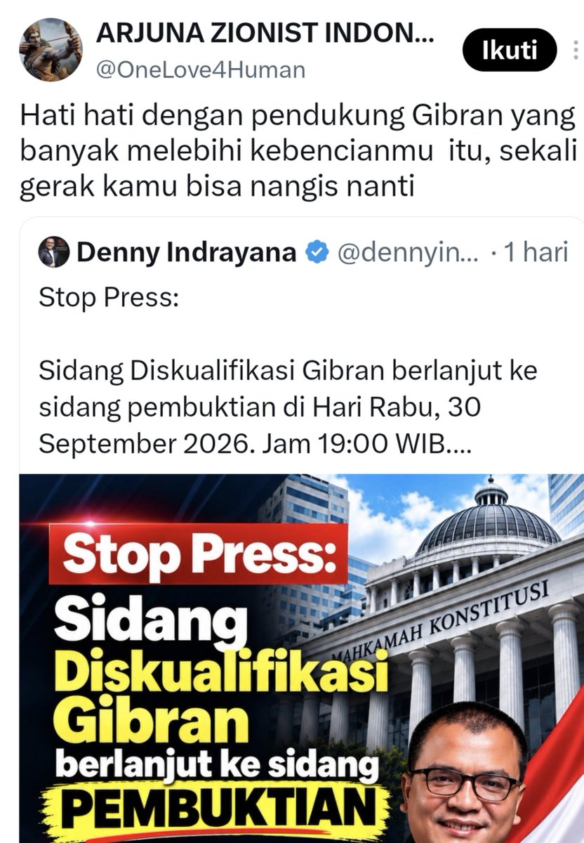 sutanmangara's tweet photo. Saya mengecam segala bentuk ucapan yang bernada intimidasi atau ancaman, termasuk kalimat “sekali gerak kamu bisa nangis nanti.” Perbedaan pandangan politik tidak boleh menjadi alasan untuk menakut-nakuti pihak lain. Kritik boleh keras, tetapi tetap harus disampaikan secara bermartabat dan tanpa ancaman.

Jangan main ancam bos ?
Bukan kau pemilik negara ini ?