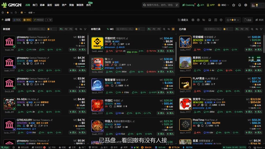 Xpss66's tweet photo. 刷战壕的时候不建议全部混着看，GMGN 上的三列：新创建、即将打满、已开盘，分别对应币的三个生命周期。用同一套标准筛选全部标的，噪音会盖过有用信号，很容易错过机会。

新创建合约刚生成，还在内盘阶段。赔率看着很高，踩坑概率同样大。这个阶段不用参考 K 线，安全排查放第一位。Rug 比例过 0.3 直接略过，捆绑交易者超过 0.3 避开，老鼠仓占比高于 0.3 直接放弃。至少要有 1 个聪明钱或者 KOL 入场，如果一个都看不到，说明圈内专业玩家没有兴趣。叙事先不用纠结，先排除骗局风险。Rug 风险、捆绑交易者、老鼠仓、Top10 持仓，GMGN 安全面板一页就能查完。

GMGN： https://t.co/zBrWjrRI3V

即将打满距离代币迁移很近，可操作时间很短，大多是 10 分钟到 1 小时。看聪明钱是否提前介入，资金池有没有继续变大。只有单个 KOL 买入不能当成信号，好几个相互独立的盈利钱包一起进场，才是真实资金动向。这批地址的真实情况，可以拿 FOMO 做交叉验证。

FOMO： https://t.co/9fCjSice0m

已开盘就是上线外盘，前面一波上涨很多已经兑现，不过流动性和深度会更可观。等确认安全之后参与二段行情，不要冲第一波急拉。重点观察回撤之后有没有资金愿意接盘，交易成交量能不能稳住。

新创建先排查风险陷阱。即将打满考验手速，关注多个钱包同步进场。已开盘避开刚启动的拉涨，重点看回撤承接。三列内容混在一起看，只会给自己带来一堆干扰信息。