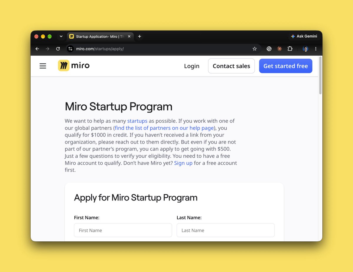 YatharthStories's tweet photo. Miro is giving startups up to $1,000 in free credits.

→ $1,000 if connected to a Miro partner (VC/accelerator)
→ $500 if applying solo
→ One credit per startup, 6 months to use it
Most founders never apply because nobody explains this clearly.

#miro #startups #founder https://t.co/D9BmF9ZEoz