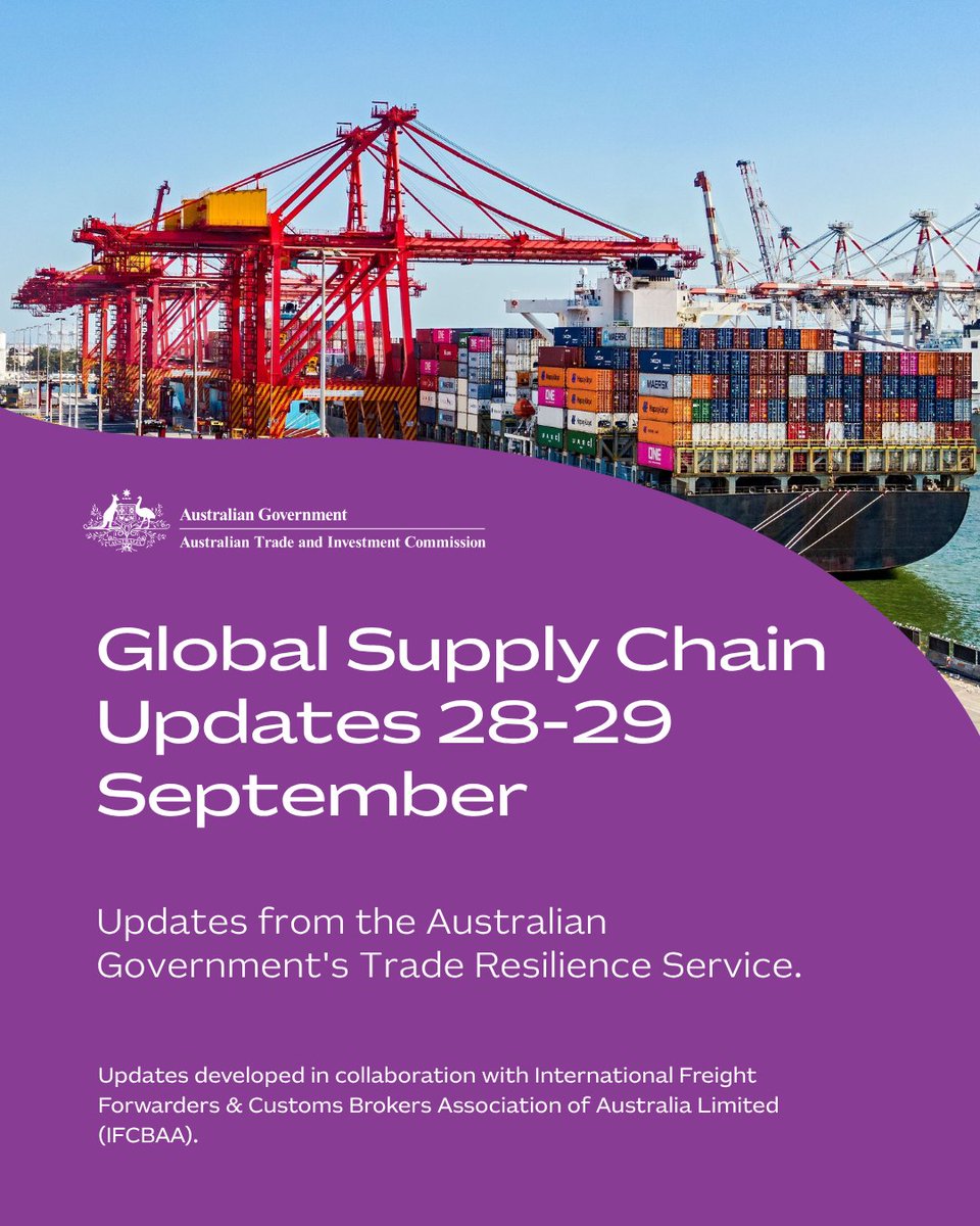 Austrade's tweet photo. Get intelligence, insights &amp; advice to help navigate increased supply chain volatility with Austrade’s Trade Resilience Service. 

https://t.co/Nbut9vuejl

Updates developed with IFCBAA. https://t.co/qmVJrbjCAK