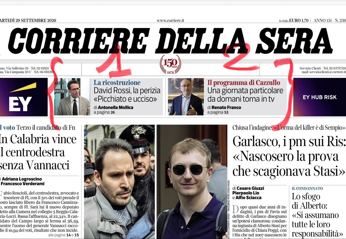 donvaccarelli's tweet photo. Due “notizie” in prima pagina alle quali è attribuito lo stesso peso e la medesima collocazione, proprio sotto la testata del primo e più glorioso quotidiano italiano. Di che parliamo quando parliamo di giornalismo?
#Garlasco
#gfvip
#TurchiaItalia
#29Settembre https://t.co/9wlQZ77hCI