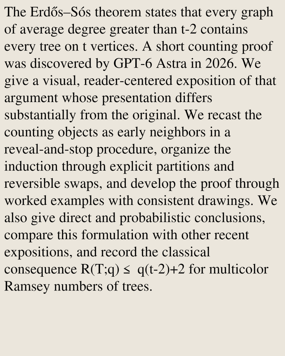 MathPaper's tweet photo. The Erdős–Sós Conjecture: A visual exposition of the proof discovered by GPT-6 Astra

Jay Cummings
https://t.co/nAmAkQaWRn [𝚖𝚊𝚝𝚑.𝙶𝙼] https://t.co/jB8RTxNHtl