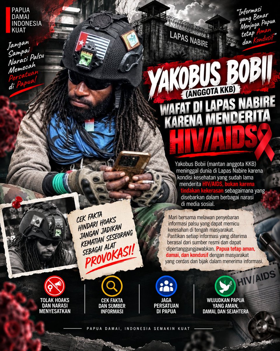 Judikamurat's tweet photo. Wafatnya Yakobus Bobii perlu disikapi dengan mengedepankan fakta dan sumber informasi yang jelas. Jangan menjadikan kematian seseorang sebagai bahan provokasi, serta hindari menyebarkan narasi yang belum terverifikasi.

#yakobusbobii #hivaids #TimnasDay Paes John Herdman https://t.co/JWdDvQpMY4