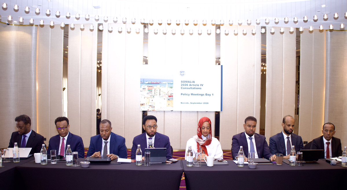 MoF_Somalia's tweet photo. Minister @BihiEgeh is leading the 2026 IMF Article 4 consultations in Nairobi with senior officials from the Fund. The meeting will review economic reform progress, opportunities and challenges to grow the economy including the impact of external shocks on Somalia. https://t.co/7FMjJ0bgmm