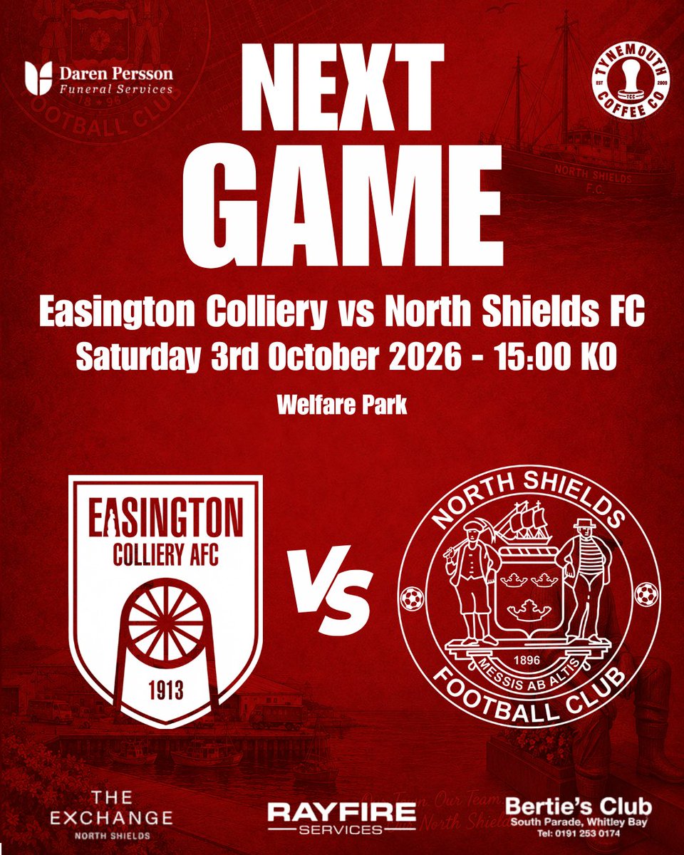 NorthShieldsFC's tweet photo. π΄βͺοΈ NEXT MATCH | AWAY DAY ππ¨
The Robins head to Welfare Park this Saturday to take on Easington Colliery!Β
π Easington Colliery vs North Shields FC
π
Saturday 3rd October 2026
β° 15:00 KO
π Welfare ParkΒ
Travel down & back the lads! π
#HowayTheRobins #NE29 https://t.co/E22vEmWxNi