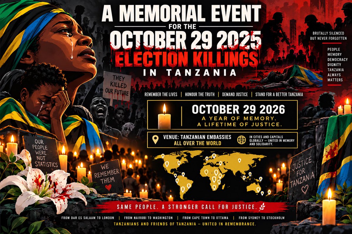 mangekimambi's tweet photo. Naomba Watanzania wa Diaspora duniani kote tujipange kufanya memorial ya October 29 kwenye BALOZI zetu dunia nzima…. 

Kama mnakumbuka ile ya April 26 2018 tuliweza kuandamana diaspora dunia nzima kwenye BALOZI zetu, this time ni kuwakumbuka ndugu zetu waliouawa kikatili na chama CCM na vyombo vyao vya usalama wanavyovimiliki…..  

Na pia itakuwa tutakuwa tunawaunga mkono wenzetu walipo TZ wanaopanga kuandamana October 29. 

Tarehe 29 October 2026 we need to send a message duniani kote kuwa Tanzania has NOT HEALED  and JUSTICE HAS NOT BEEN SERVED na kwamba bado tunatekwa, bado tunapewa kesi za uhaini na bado tunashikiliwa kwa bunduki na serikali haram. 

Tupange kuwa October 29 2026 saa  12 jioni (muda unaweza badilishwa) Watanzania woote duniani kote tukutane kwenye balozi zetu tukiwa na mabango.