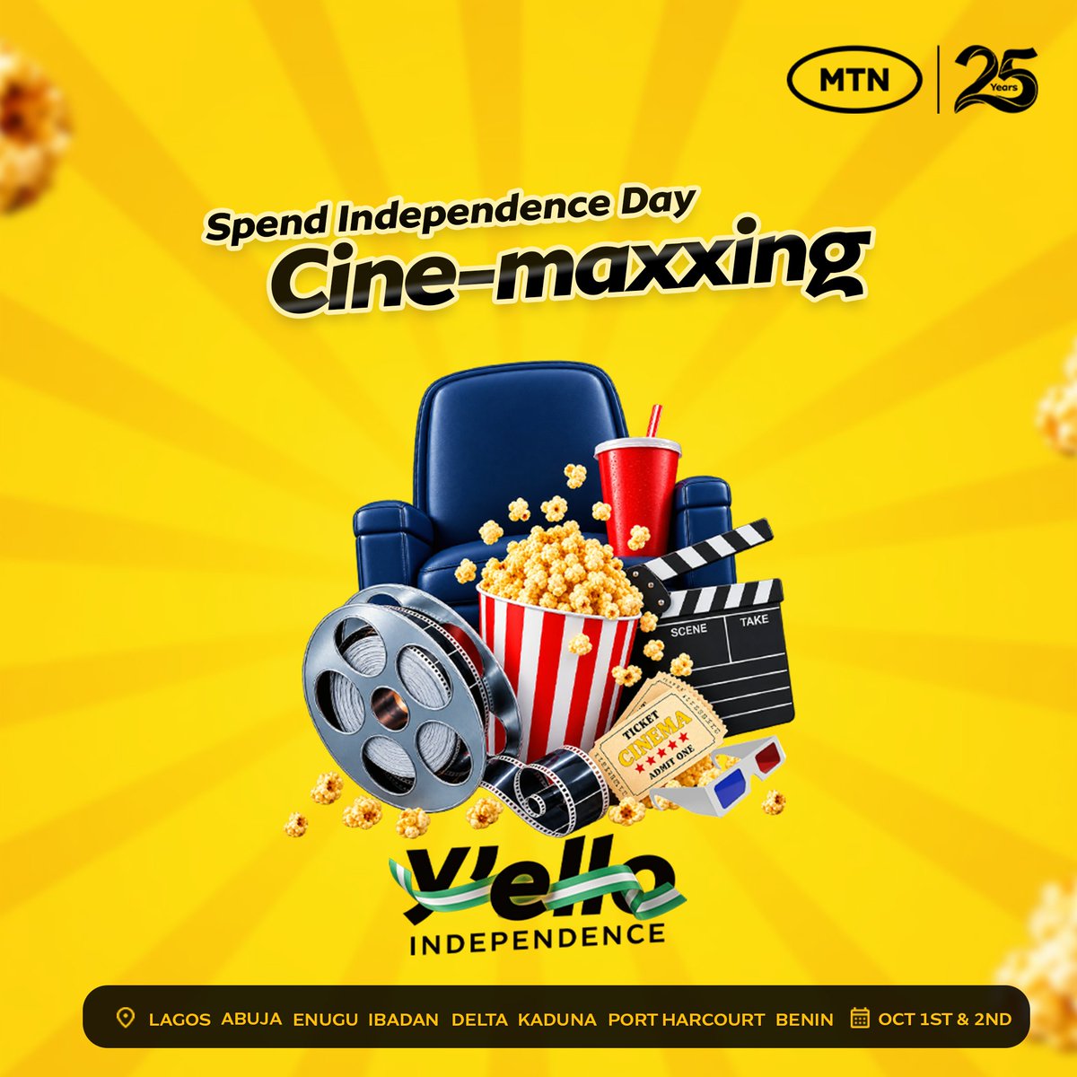MTNNG's tweet photo. For Independence Day, cinema tickets are on us. 

Reply with your location and we’ll slide into your DMs randomly. 

Must use #YelloIndependence.

LiveIt100 https://t.co/ntCXkKkpxJ