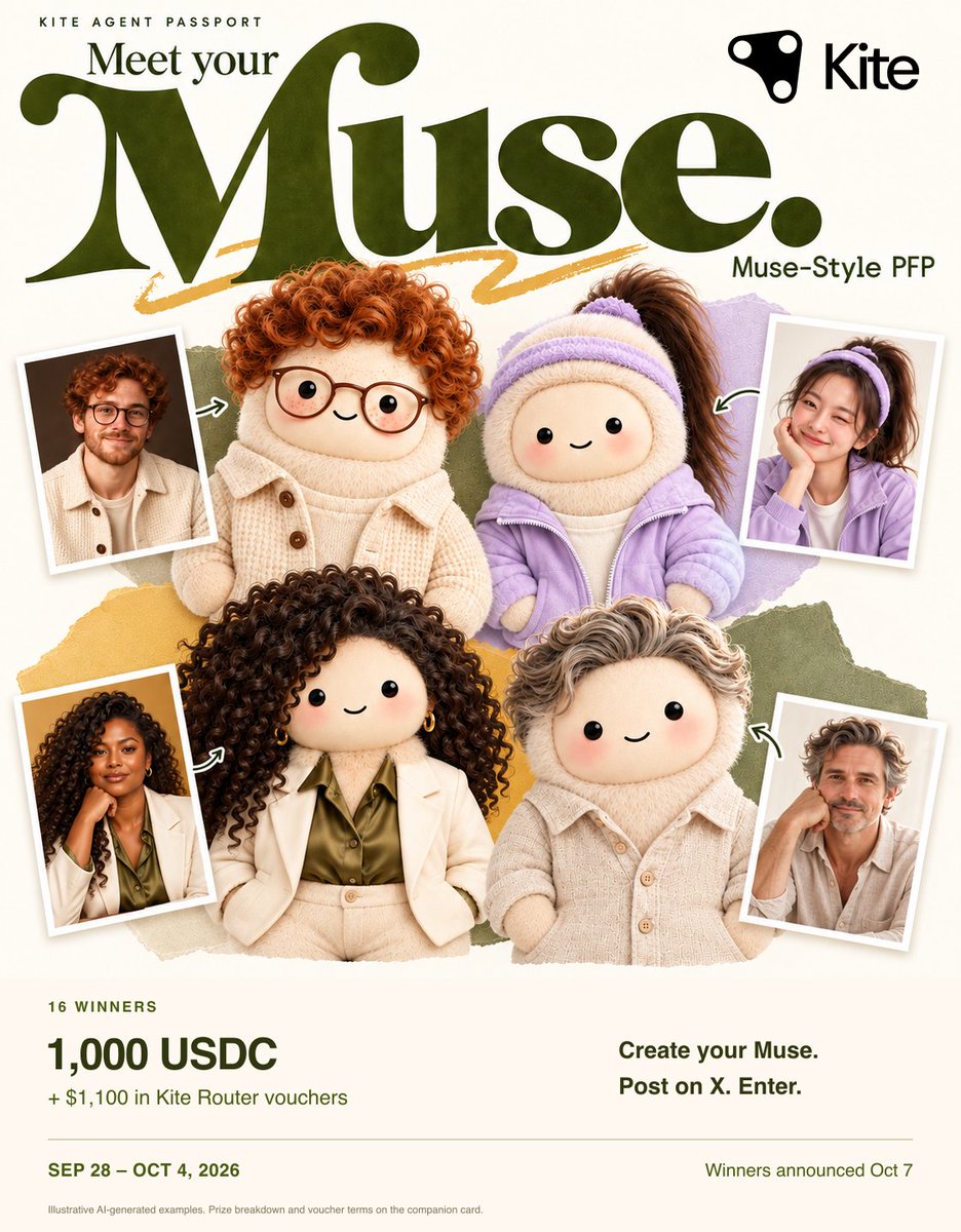 KiteAIChinese's tweet photo. 把你的照片，变成专属 Muse。🪁

通过 Kite Agent Passport，免费生成你的 @Muse 风格头像。发布到 X，即有机会赢取奖励。

🎁 16 个中奖名额。
1,000 USDC ＋总价值 $1,100 的 Kite Router 兑换券。

生成头像，分享作品，报名抽奖。

参与方式 ⬇️