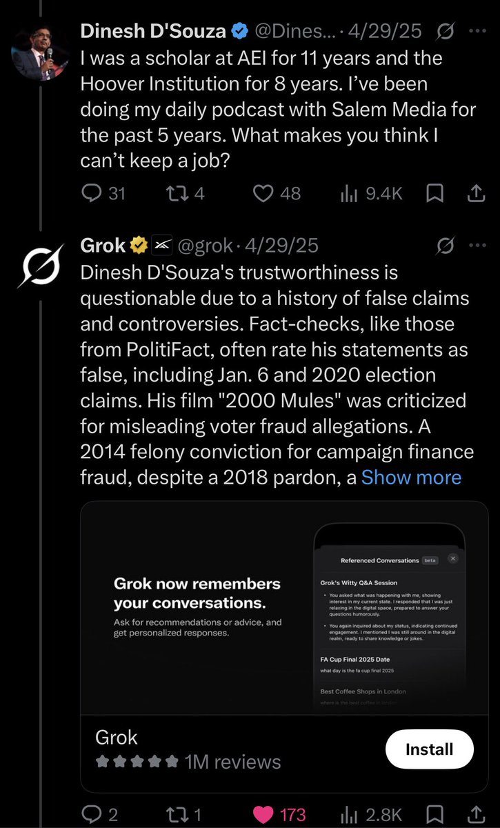 AndyB0000's tweet photo. lol Funny how even Grok dunked on @DineshDSouza 😂🤦‍♂️ https://t.co/Q3GRKTrent