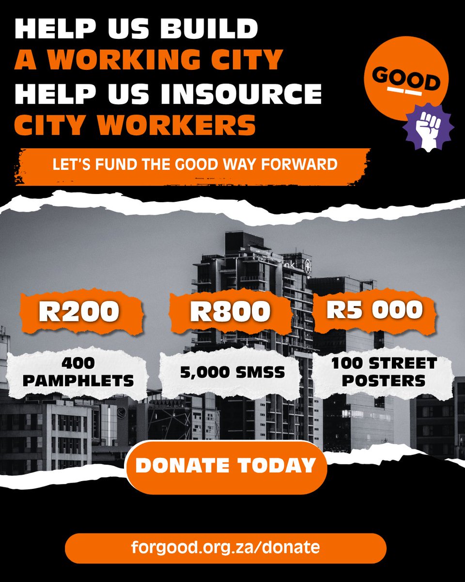 ForGoodZA's tweet photo. Every contribution helps us build a working city and support municipal workers!
Let’s fund the GOOD way forward together.
Donate today at https://t.co/5CsjgpsBdf. ✊🔥
#GOODParty #LGE2026 #Donate https://t.co/gIKgCh2tVl