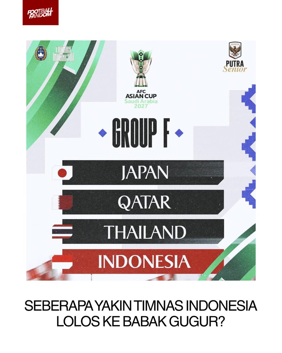Fandom_ID's tweet photo. Sekadar mengingatkan bahwa Januari nanti, Timnas Indonesia akan berada satu grup dengan Jepang, Qatar, dan Thailand di grup F
Seberapa yakin kamu jika Timnas Indonesia bisa lolos ke babak gugur? https://t.co/dYLuueRIPh