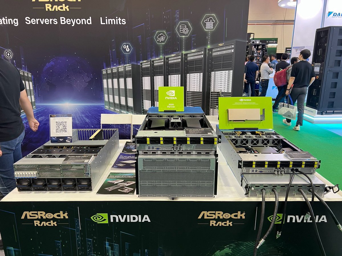 ASROCKRACK's tweet photo. The ASRock Rack team is at Data Centre World Asia (Booth L35) showcasing our NVIDIA® accelerated AI servers:

💠 8U16X-GNR2 B300 💠 4UXGM-GNR2 DIRECT 💠 4U16X-GNR2/DLC B300 💠 NVIDIA RTX PRO™ 4500 Blackwell Server Edition

#ASROCKRACK #DCW2026 #DataCentreWorld https://t.co/OK960l0Lwv