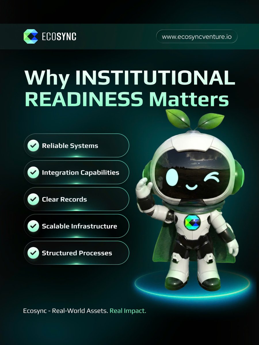 EcoSyncVenture's tweet photo. 🏦 Why Institutional Readiness Matters

Climate finance needs infrastructure built not just for individuals but for institutions 🌍

🔐 Reliable systems
📊 Clear records
🔗 Seamless integration
📋 Structured workflows
🌐 Scalable infrastructure https://t.co/thmG9FxIw4
