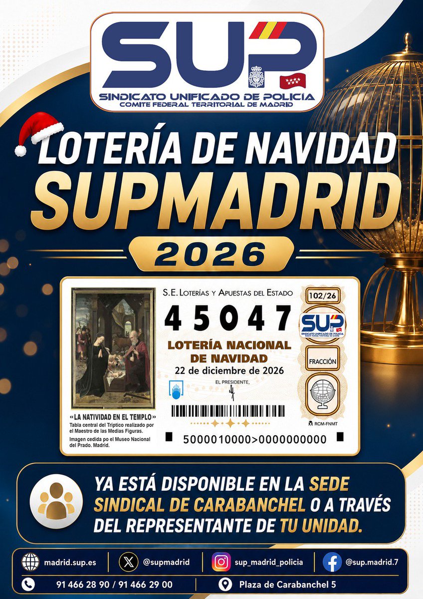 supmadrid's tweet photo. 🎟️ Ya tenemos disponible nuestra Lotería de Navidad:Nº4️⃣5️⃣0️⃣4️⃣7️⃣

Compartimos ilusión, pero… ¿Y quién sabe? ¿Y SI ESTE AÑO TOCA EN #SUP #Madrid⁉️

Consigue tu décimo en nuestra sede de P. de Carabanchel, 5, o a través del delegado SUP de tu unidad

¡Que la suerte nos acompañe!💙 https://t.co/8r4EtaAd8L