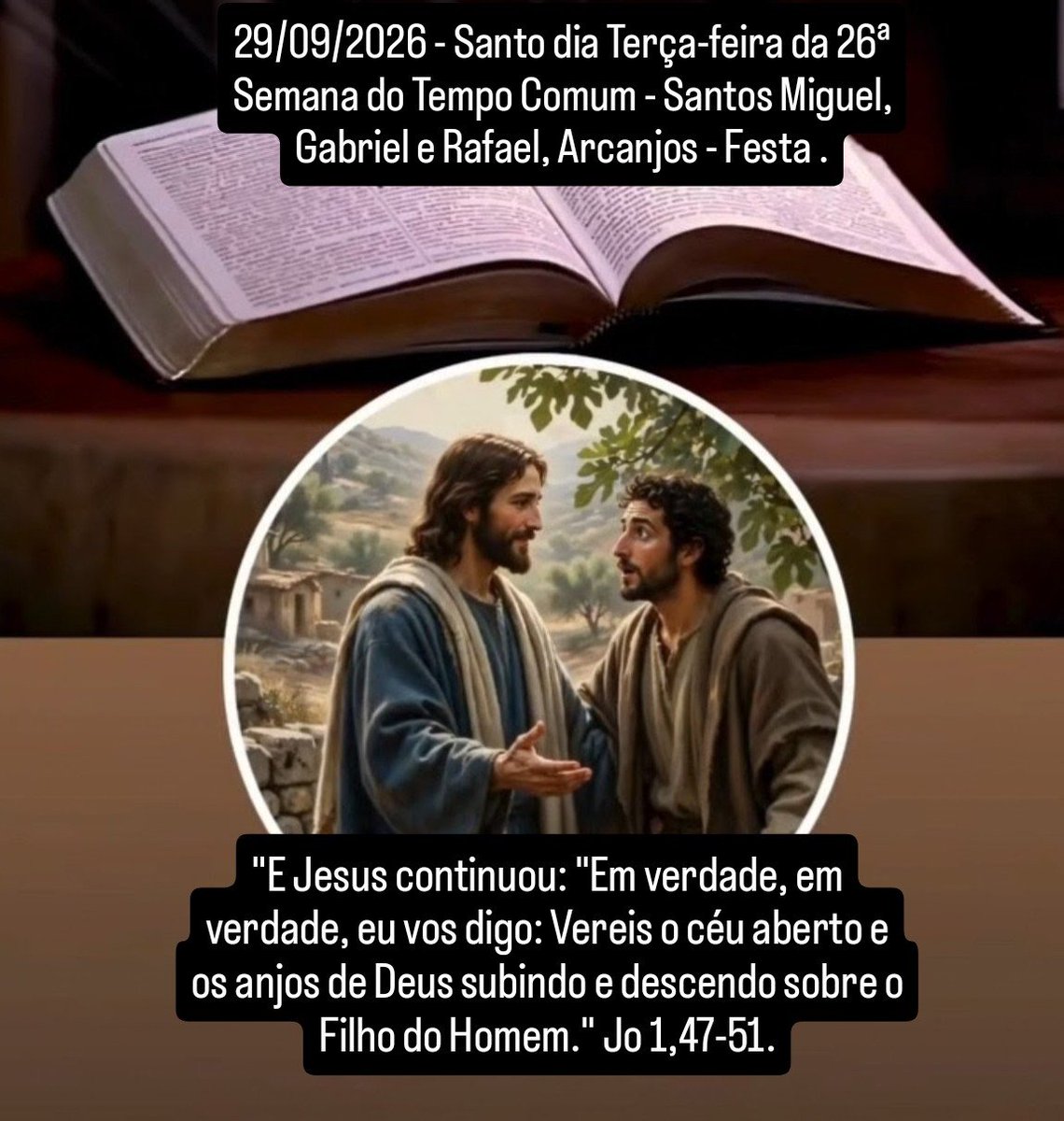 JSAMPAIO2022's tweet photo. Encontramos Jesus em um diálogo com Natanael, que expressa uma profunda verdade sobre a identidade de nosso Senhor. Este encontro nos convida a refletir sobre a presença constante de Deus em nossas vidas. Abençoada Terça-feira. Santo dia com Jesus, Maria e José! https://t.co/nuLflUXfIv