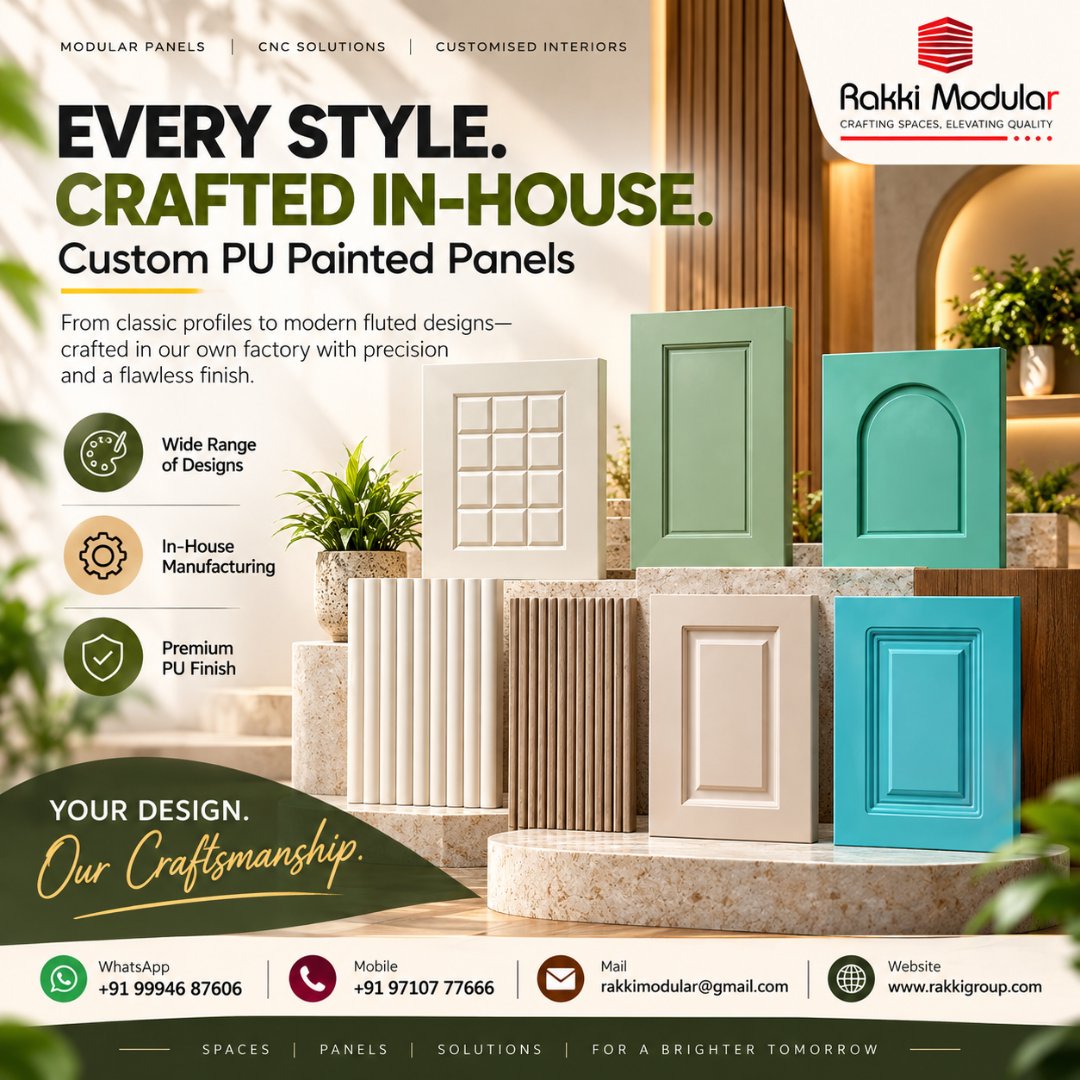 RakkiModular's tweet photo. Every style. Crafted in-house. Elevate your space with custom PU painted panels, from classic profiles to modern fluted designs.
📲 WhatsApp: +91 99946 87606
📧 rakkimodular@gmail.com
#RakkiModular #PUPaintedPanels #ModularPanels #CustomInteriors #InteriorDesign #FlutedPanels https://t.co/74gmXssrZd