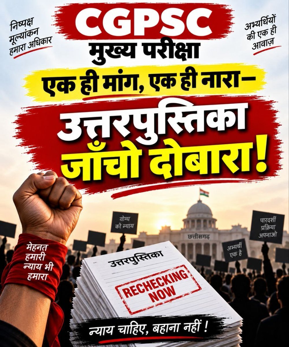 Aspirantcg25's tweet photo. #CGPSC_Rechecking Mains 2025

01. CGPSC मुख्य परीक्षा 2025 का पुनर्मूल्यांकन (Revaluation) हो I 

02. CGPSC 2025 इंटरव्यू में 3 गुना अभ्यर्थियों को शामिल करो I 
#chhattisgarh #छत्तीसगढ़ #cgpsc https://t.co/hTaF6Qb8QY