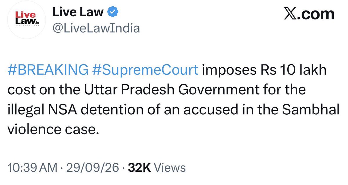 upadhyayabhii's tweet photo. बहुत बड़ी खबर-

सुप्रीम कोर्ट ने यूपी सरकार पर 10 लाख रुपये का जुर्माना लगाया।

संभल में एक आरोपी पर अवैध रूप से NSA लगाने का मामला। Live Law की रिपोर्ट।

इसे पहले इलाहाबाद हाईकोर्ट ने नोएडा की डीएम पर DU की एक छात्रा पर अवैध NSA लगाने को लेकर 5 लाख का जुर्माना लगाया था जो SHO तक जाता था।

राजा को खुश करने के लिए यूपी में हुए पुलिसिया अत्याचार की फाइल बेहद भयावह बताई जाती है।

अभी तो इस फाइल का बस पहला पन्ना खुला है!!