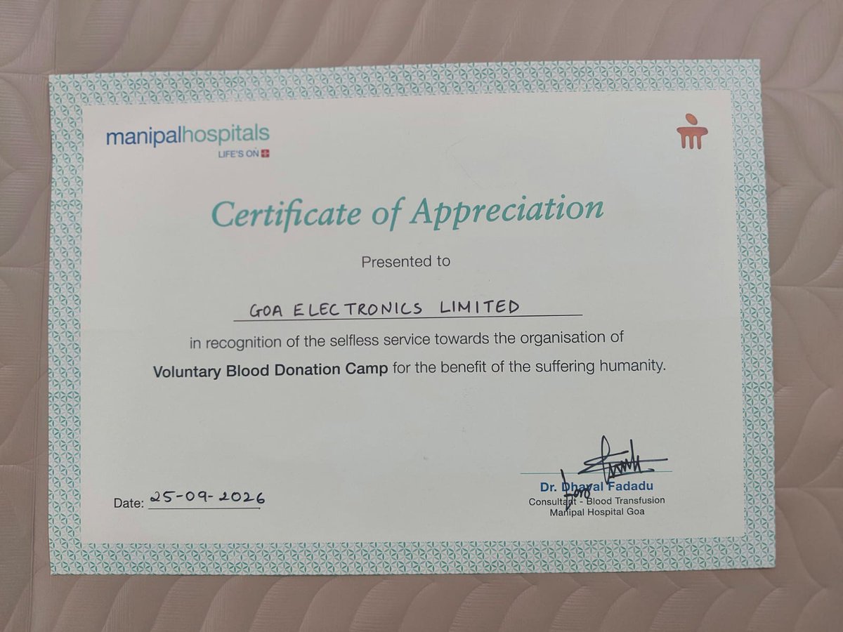GoaElectronics's tweet photo. YOUR HEALTH, OUR PRIORITY!

Goa Electronics Limited organised a Health Camp &amp; Blood Donation Drive on 25th September 2026, promoting health, wellness and the spirit of giving.

Small Act. Big Impact.

#GoaElectronicsLimited #HealthCamp #BloodDonation #SmallActBigImpact https://t.co/F2TZ06O5sv