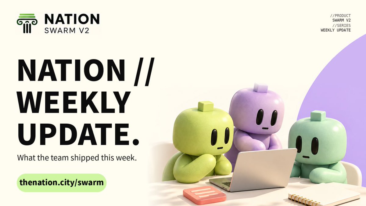 Civisdev's tweet photo. NATION Weekly recap 

• NATION Swarm V2 launched
• NATION Compute launched opening the same compute infrastructure powering Swarm to developers and agents

• Swarm now revolves around a Chief Agent that can create specialists, assign work, coordinate the team, and manage execution

• Persistent memory lets agents leave, return, and continue where they stopped
• Continued rollout of isolated agent computers for browsing, coding, files, research, and longer-running work

• Major upgrades to privacy and account isolation across conversations, memory, attachments, and computers
• Agent wallet infrastructure progressed with Turnkey, moving toward every agent having its own wallet with user-controlled permissions
• Added stronger model routing and per-tool controls
• Expanded tooling across GitHub, Gmail, Notion, web search, web reading, code, files, and computer/browser actions
• Continued improving the Swarm credit system and the connection between $NATION, usage, and compute
• Infrastructure is being built to support large coordinated teams of up to 1,000 agents

Coming next

• NATION Swarm for Windows
• NATION Swarm for Linux
• Continued NATION Compute expansion
• More models and compute options
• Broader API access and developer tooling
• Scheduled + recurring agent automations
• Deeper agent wallet capabilities
• More connectors and tools
• Faster and more reliable agent computers
• Continued integration between Swarm, Compute, Passport, wallets, and the NATION economy