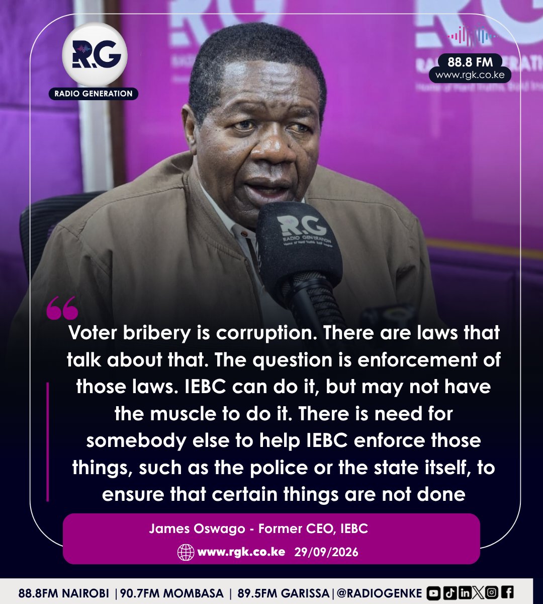 RadioGenKe's tweet photo. Former IEBC CEO James Oswago says tackling voter bribery requires stronger enforcement of existing electoral and political finance laws, with agencies such as the police supporting IEBC.
#HomeOfHardTruths https://t.co/lT5MmMnIZl