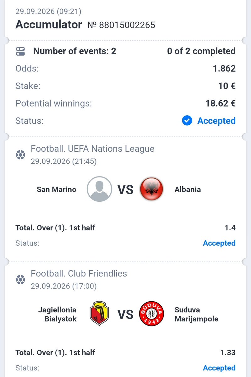 RaimisGold's tweet photo. DAY 28📈

€400 → €10,000 Challenge
BET #55 of the journey 🎯
Odds: 1.862
Stake: €10
#SportsBetting #RoadTo10K #uefanagionalleague https://t.co/KRI9maTX3b
