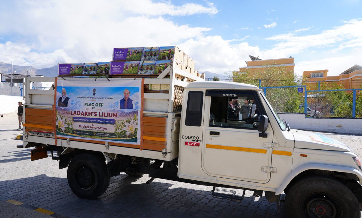 lg_ladakh's tweet photo. Flagged off the first air-consignment of 15,000 “A-grade” Ladakh-grown Liliums to national markets, today from Leh airport, marking a historic step towards creating new livelihoods for our local communities and aesthetic revolution in Ladakh, through commercial floriculture.

Inspired by Hon’ble Prime Minister, Shri @narendramodi ji’s vision of financial empowerment of farmers and youth through agricultural diversification, this landmark initiative, executed in just 60 days, will usher in an era of new economic opportunities and rural entrepreneurship in Ladakh.

Alongside opening access to national flower markets, these flower fields will add multi-hued dimensions to Ladakh’s otherwise rugged, barren visual identity. 

I am pleased to share that the flower field is already providing a commercial avenue to 15 local women engaged in cutting, sorting and packaging of flowers, while a trained local youth is looking after the marketing of the flowers. 
 
The flower field, I am confident, will emerge as a much sough-after tourist and film-shooting destination, thereby, creating a convergence between profitable agriculture and sustainable tourism in Ladakh.