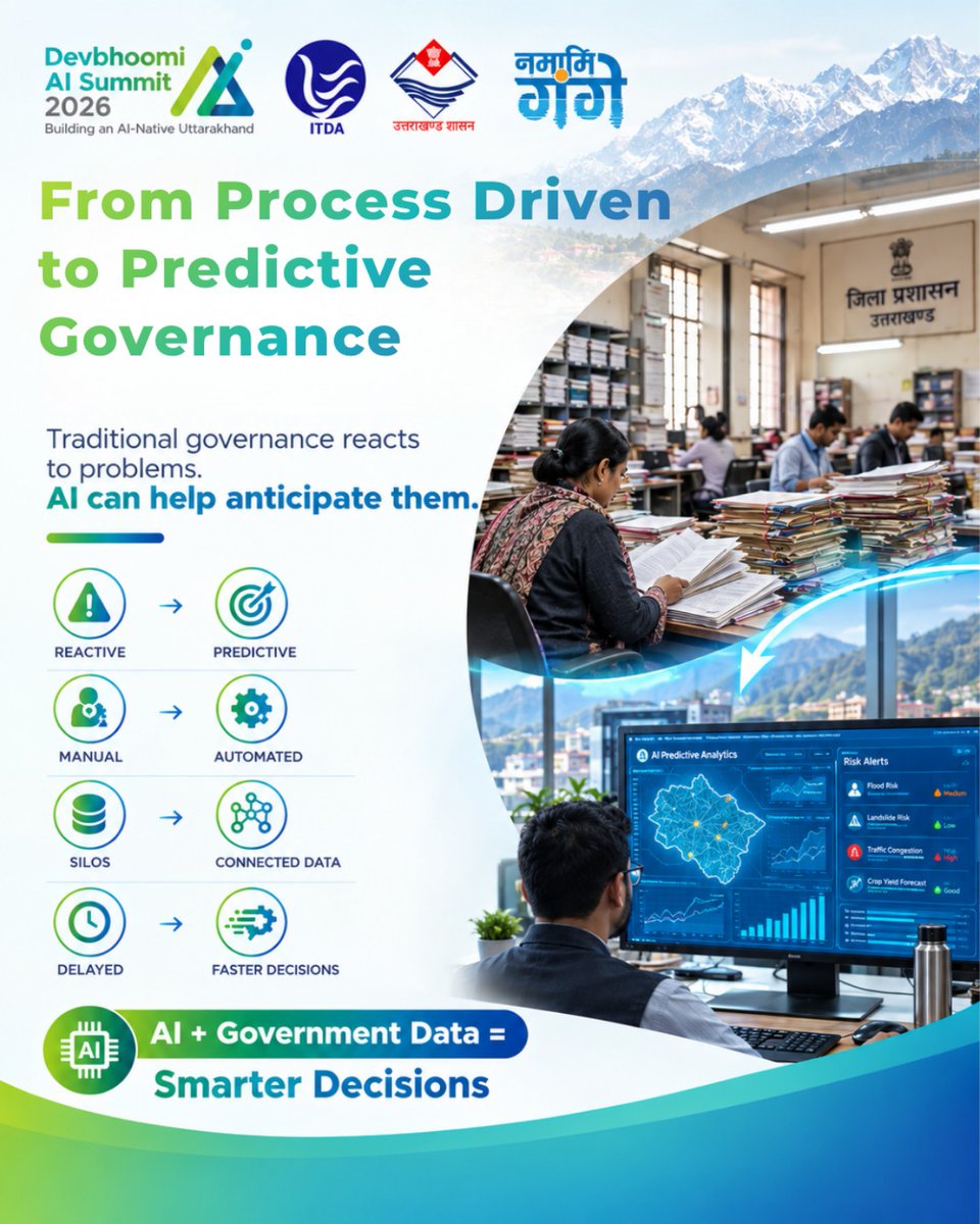 DevboomiAI's tweet photo. What if governance could anticipate needs instead of only reacting to problems?

AI + connected government data could support faster services, smarter decisions and more citizen-centric governance.

From reactive to intelligent. 
#DevbhoomiAISummit #Uttarakhand #DigitalGovernance https://t.co/WpNJkYi3Xl