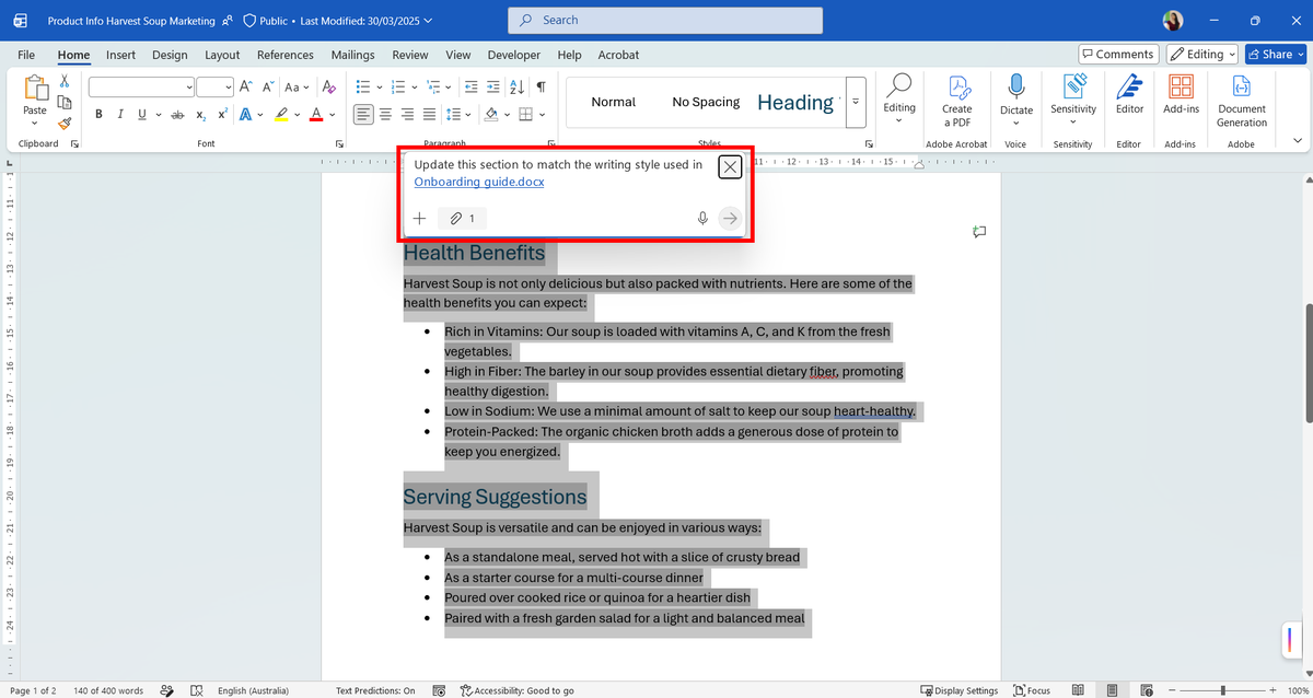 LearnCopilot's tweet photo. One of the easiest ways to improve consistency across documents: Select a section in your Word doc and ask Copilot:

"Update this text to match the writing style used in [document]."

Useful when multiple people contribute to reports, policies or project documentation and the final document needs one consistent voice.