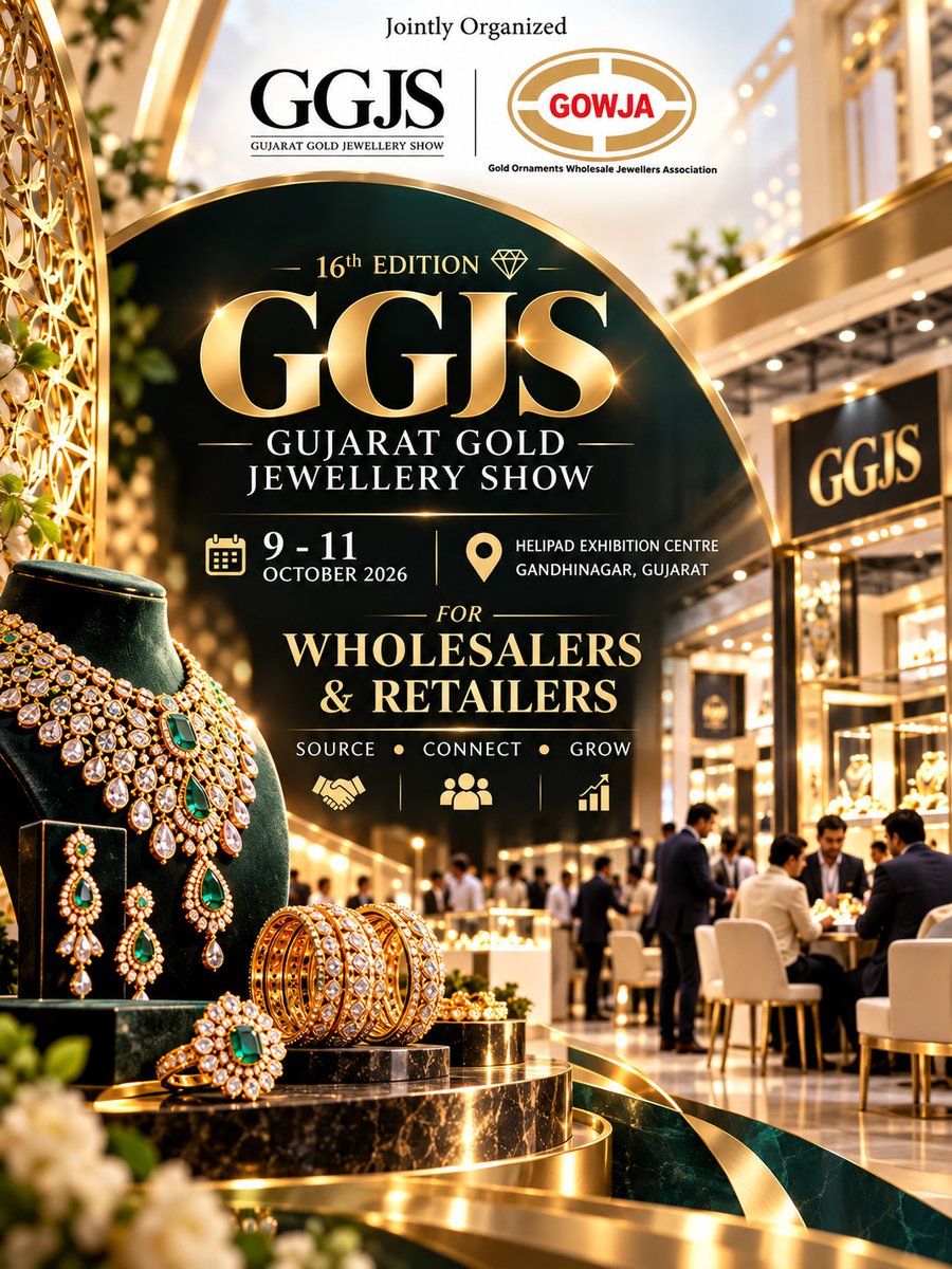 thejewelrytube's tweet photo. ✨ GGJS 2026 brings India’s jewellery trade together in Gandhinagar.

The 16th Gujarat Gold Jewellery Show connects manufacturers, wholesalers &amp; retailers to discover...

📅 9–11 Oct 2026
📍 Helipad Exhibition Centre, Gandhinagar
#GGJS2026 #JewelleryIndustry #JewelleryBusiness https://t.co/HDhToziFsZ
