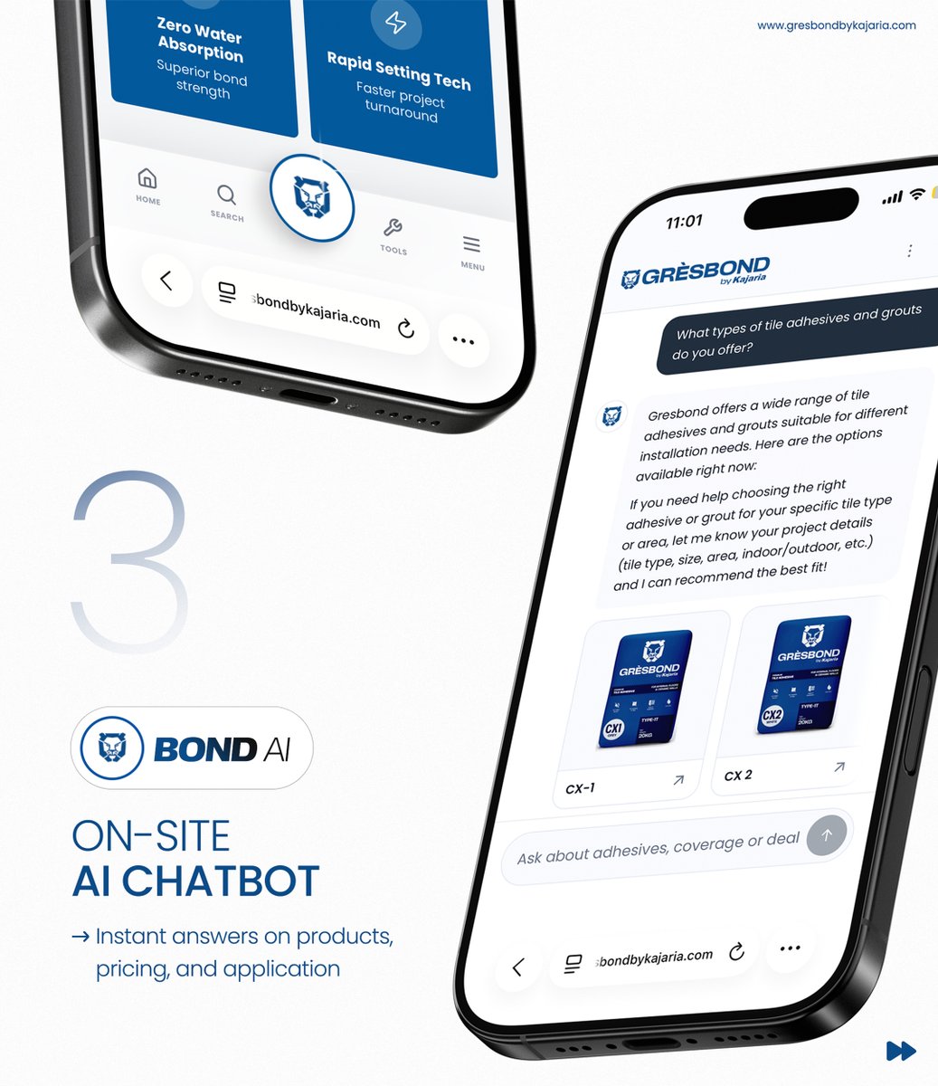 gresbond's tweet photo. The new Gresbond website is live.
Product selectors. A 3D grout visualiser. A professional toolkit. Bond AI. And a tailored experience for every type of user.
36 years of tile expertise. Now online.
https://t.co/kQgbF1GQOz
Gresbond by Kajaria. Tile Expert Ka Tile Adhesive. https://t.co/YpKr48JoQc