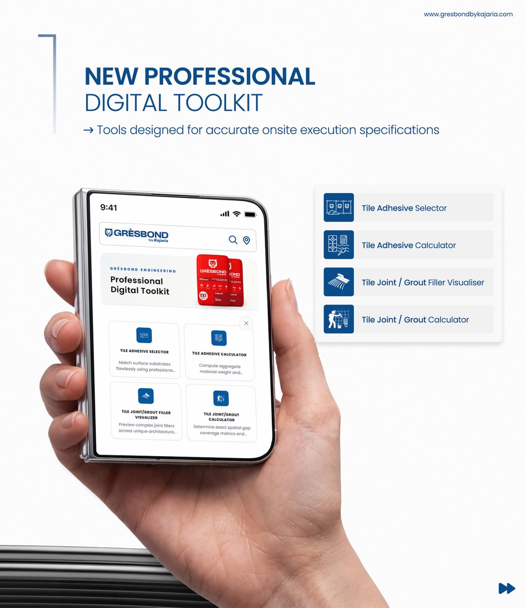 gresbond's tweet photo. The new Gresbond website is live.
Product selectors. A 3D grout visualiser. A professional toolkit. Bond AI. And a tailored experience for every type of user.
36 years of tile expertise. Now online.
https://t.co/kQgbF1GQOz
Gresbond by Kajaria. Tile Expert Ka Tile Adhesive. https://t.co/YpKr48JoQc