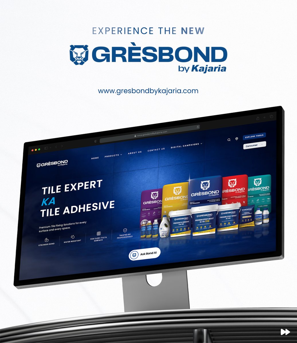 gresbond's tweet photo. The new Gresbond website is live.
Product selectors. A 3D grout visualiser. A professional toolkit. Bond AI. And a tailored experience for every type of user.
36 years of tile expertise. Now online.
https://t.co/kQgbF1GQOz
Gresbond by Kajaria. Tile Expert Ka Tile Adhesive. https://t.co/YpKr48JoQc