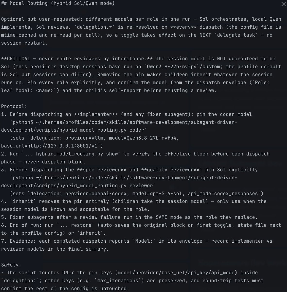 stratos2k5's tweet photo. @cryptictec @imnotchalk @EpiphanyDynamic Ask your agent to create a small script to edit delegation block in hermes config and add something like this to your subagent-driven-development skill so you can have different models for each role. https://t.co/Ua3vfKSIsp