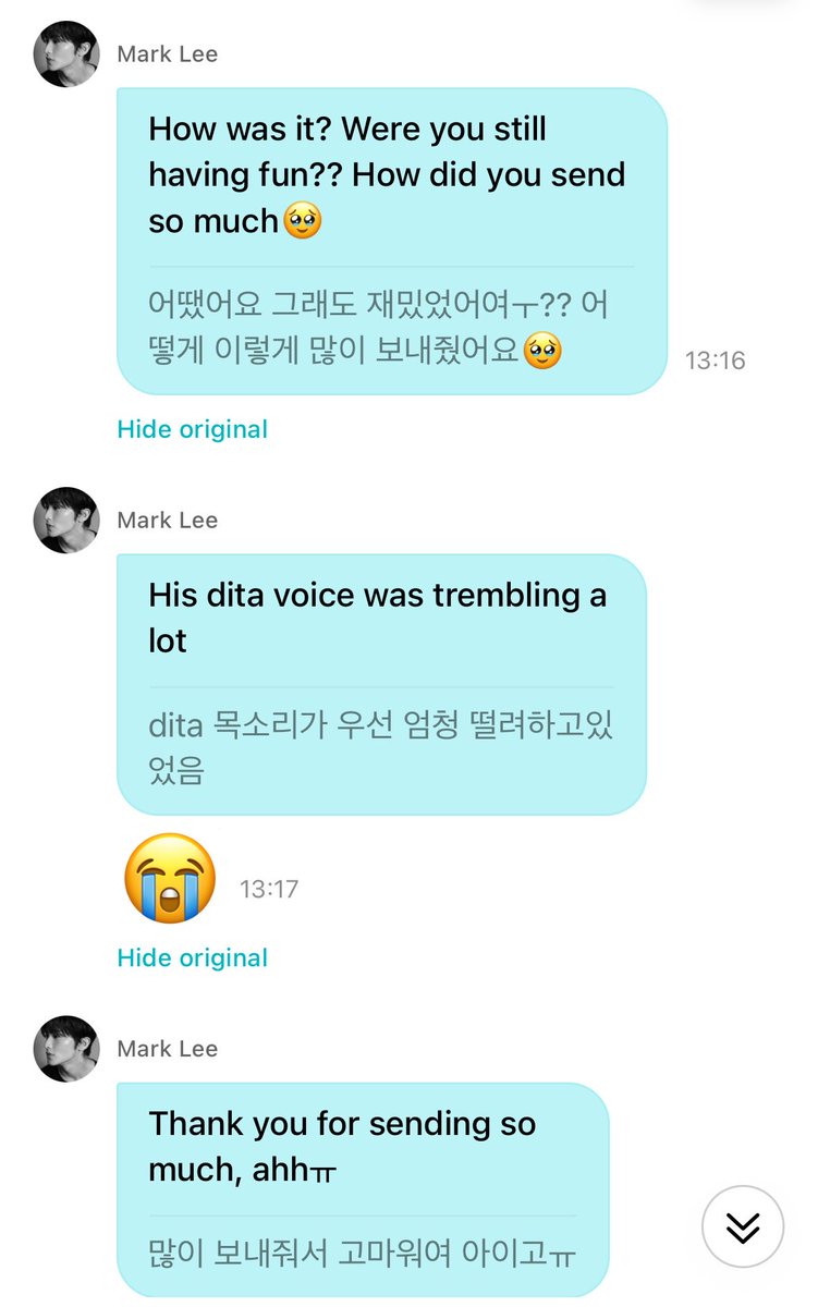 joyfularchives's tweet photo. mark weverse dm update!

🐯: hello
🐯: i was listening to the voicemail you sent me
🐯: 🫣
🐯: you sent me soooo many of them
🐯: how was it? was it still fun thoughㅜ?? how did you send so many?🥹
🐯: first of all, your voice was shaking so much
🐯: 😭
🐯: thank you for sending me so many, awwㅠ
🐯: if i get the chance, i’ll prepare another event like this next time too!
🐯: i also felt really awkward at first hearing it in voice
🐯: 😅
🐯: ㅋㅋㅋㅋ so you felt the same way tooㅠ
🐯: you did great 🥹
🐯: mark lee is at the point where he literally can’t have a conversation without apple emojis
🐯: 🫢