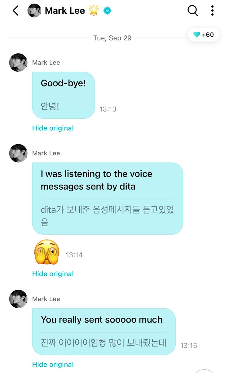 joyfularchives's tweet photo. mark weverse dm update!

🐯: hello
🐯: i was listening to the voicemail you sent me
🐯: 🫣
🐯: you sent me soooo many of them
🐯: how was it? was it still fun thoughㅜ?? how did you send so many?🥹
🐯: first of all, your voice was shaking so much
🐯: 😭
🐯: thank you for sending me so many, awwㅠ
🐯: if i get the chance, i’ll prepare another event like this next time too!
🐯: i also felt really awkward at first hearing it in voice
🐯: 😅
🐯: ㅋㅋㅋㅋ so you felt the same way tooㅠ
🐯: you did great 🥹
🐯: mark lee is at the point where he literally can’t have a conversation without apple emojis
🐯: 🫢