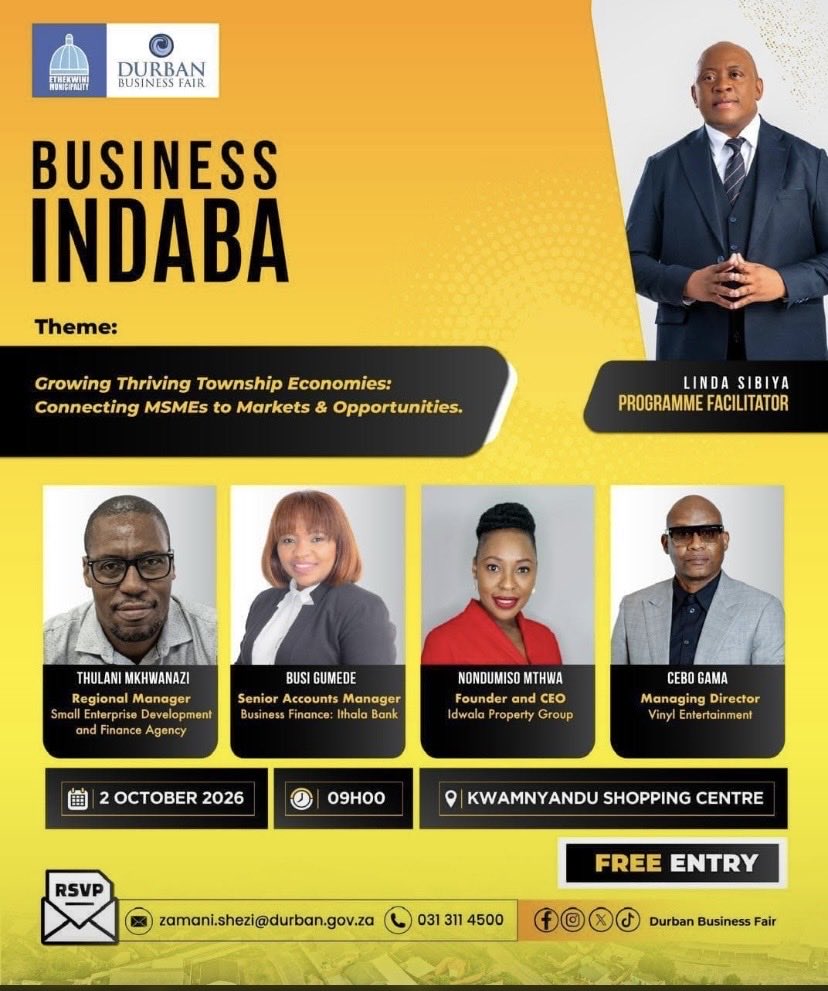 Samkelisiw22070's tweet photo. The eThekwini Municipality will host the Southern Region Durban Business Fair from 2-4 October 2026 at KwaMnyandu Shopping Centre.

The Umbukiso Wamabhizinisi will give local small businesses a platform to showcase, sell and network 

#DurbanBusinessFair #KwaMnyandu #eThekwini https://t.co/5UJVvdWVs9